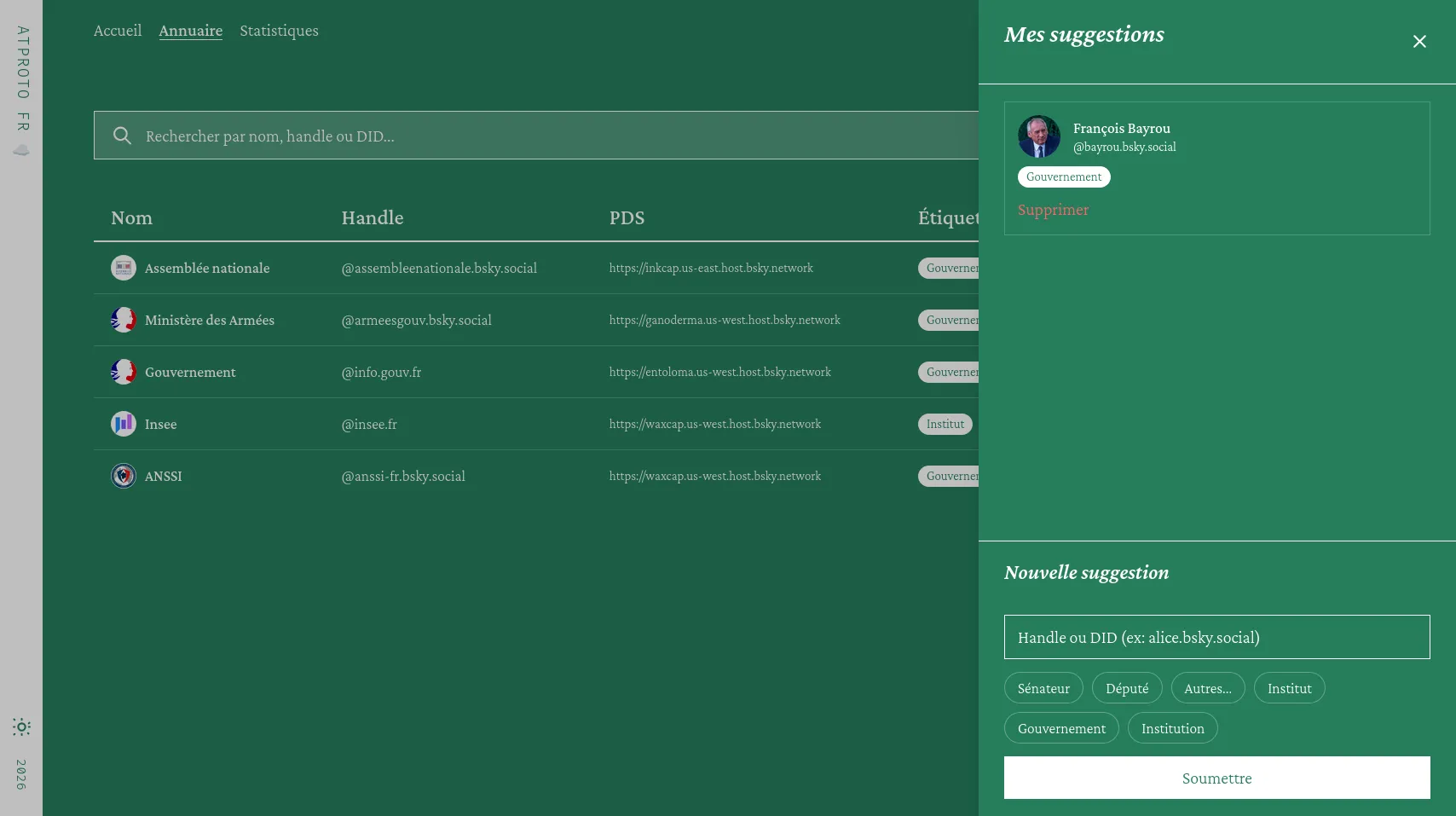 Capture d'écran de l'interface de contribution de l'Annuaire avec au fond la liste des entrées et à droite en bar vertical les suggestions du contributeur.