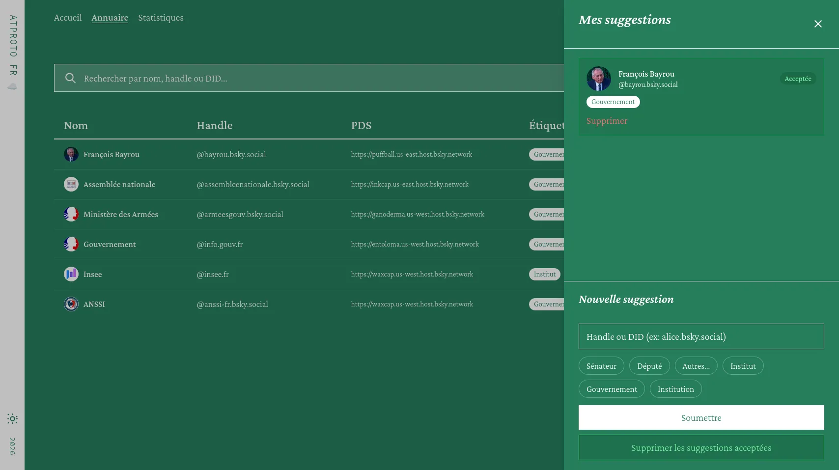 Capture d'écran de l'interface de contribution de l'Annuaire avec au fond la liste des entrées et à droite en bar vertical les suggestions acceptées du contributeur.