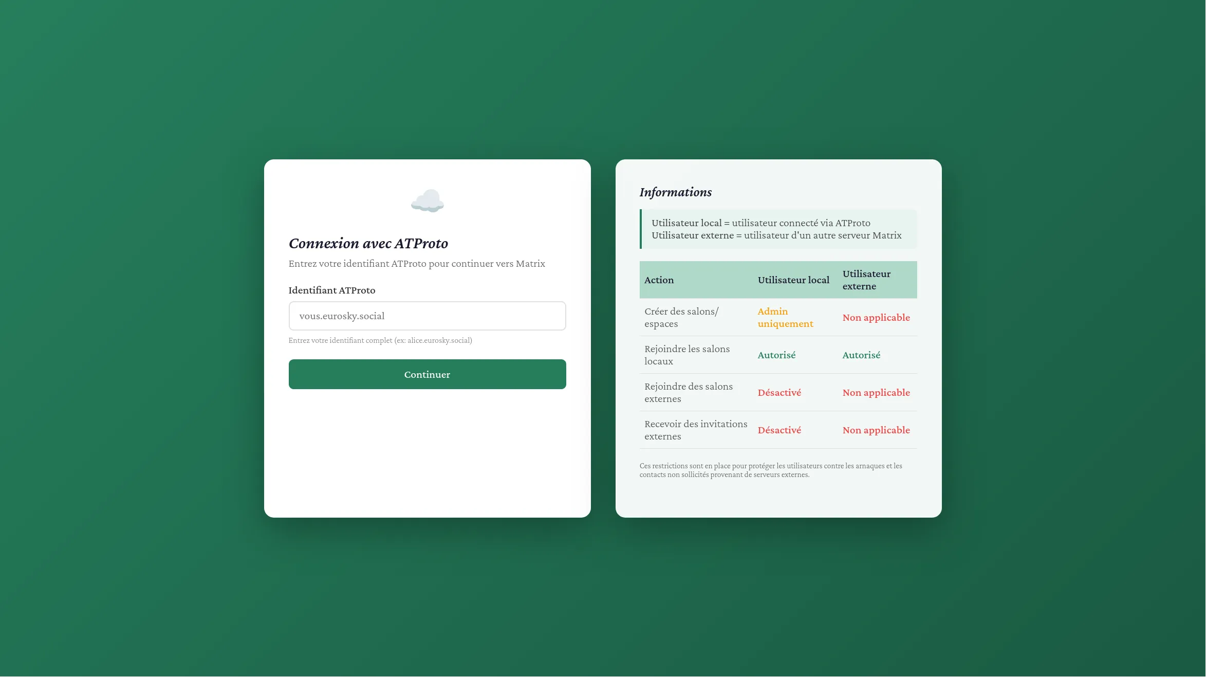 Interface de connexion au serveur matrix de atproto.fr