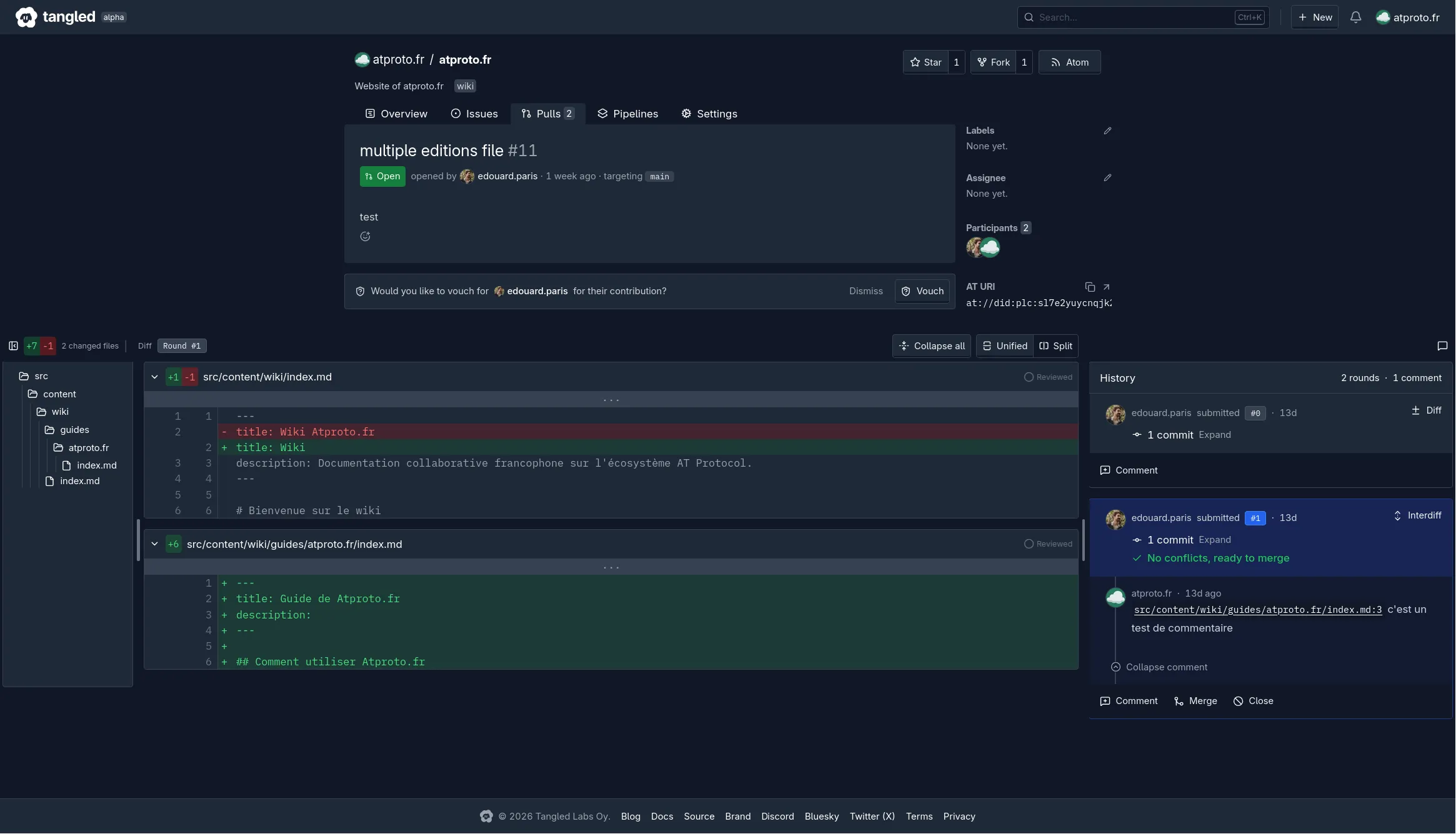 Page d'une pull request sur la plateforme tangled