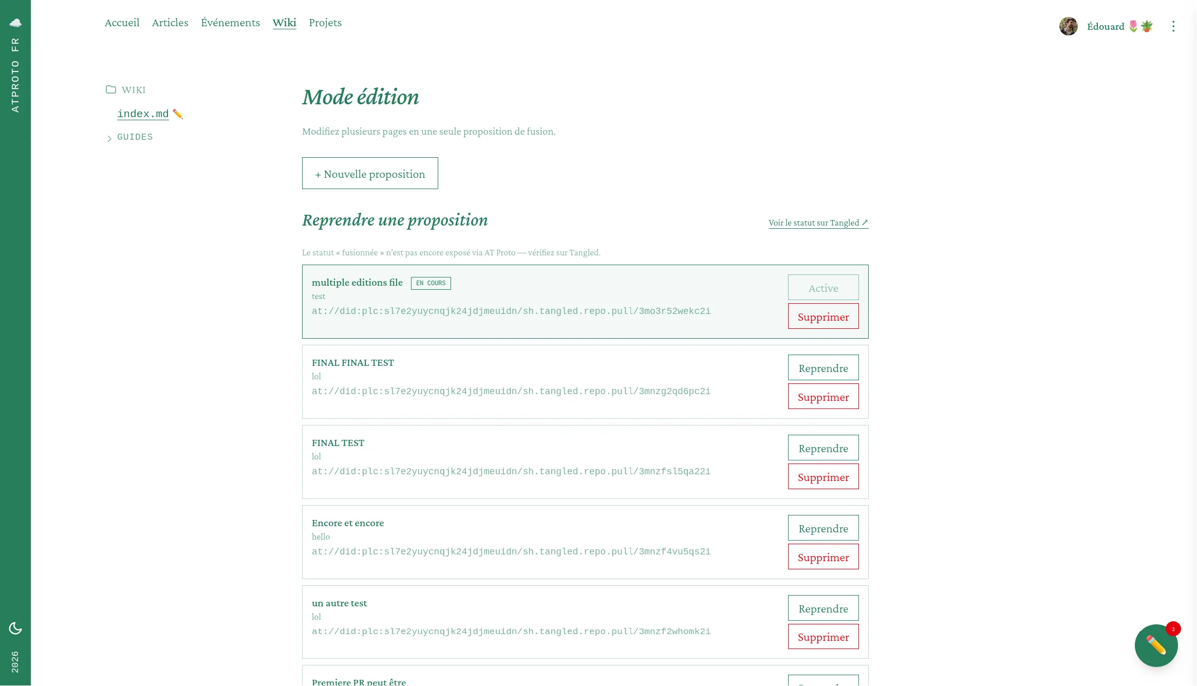 Page des modifications en cours