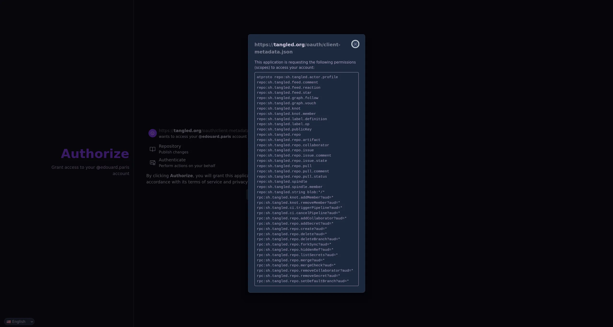 Page d'autorisation d'un PDS de Bluesky pour tangled.org : une fenêtre liste les scopes demandés, des enregistrements repo:sh.tangled.* et des appels rpc:sh.tangled.*.